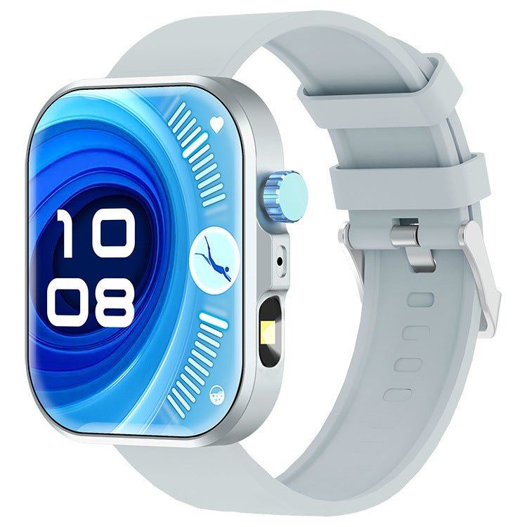 Gray smart watch with blue health display and light gray silicone strap