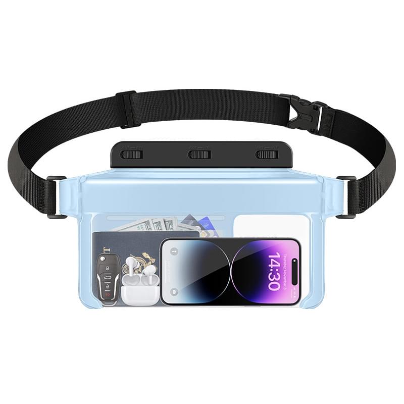 Blue waterproof phone waist pack with clear window and adjustable strap