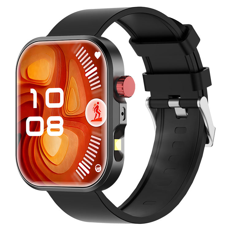 Black smart watch with orange-red health display and black silicone strap