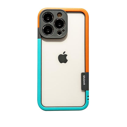Orange and teal phone case with black camera area and raised lens covers