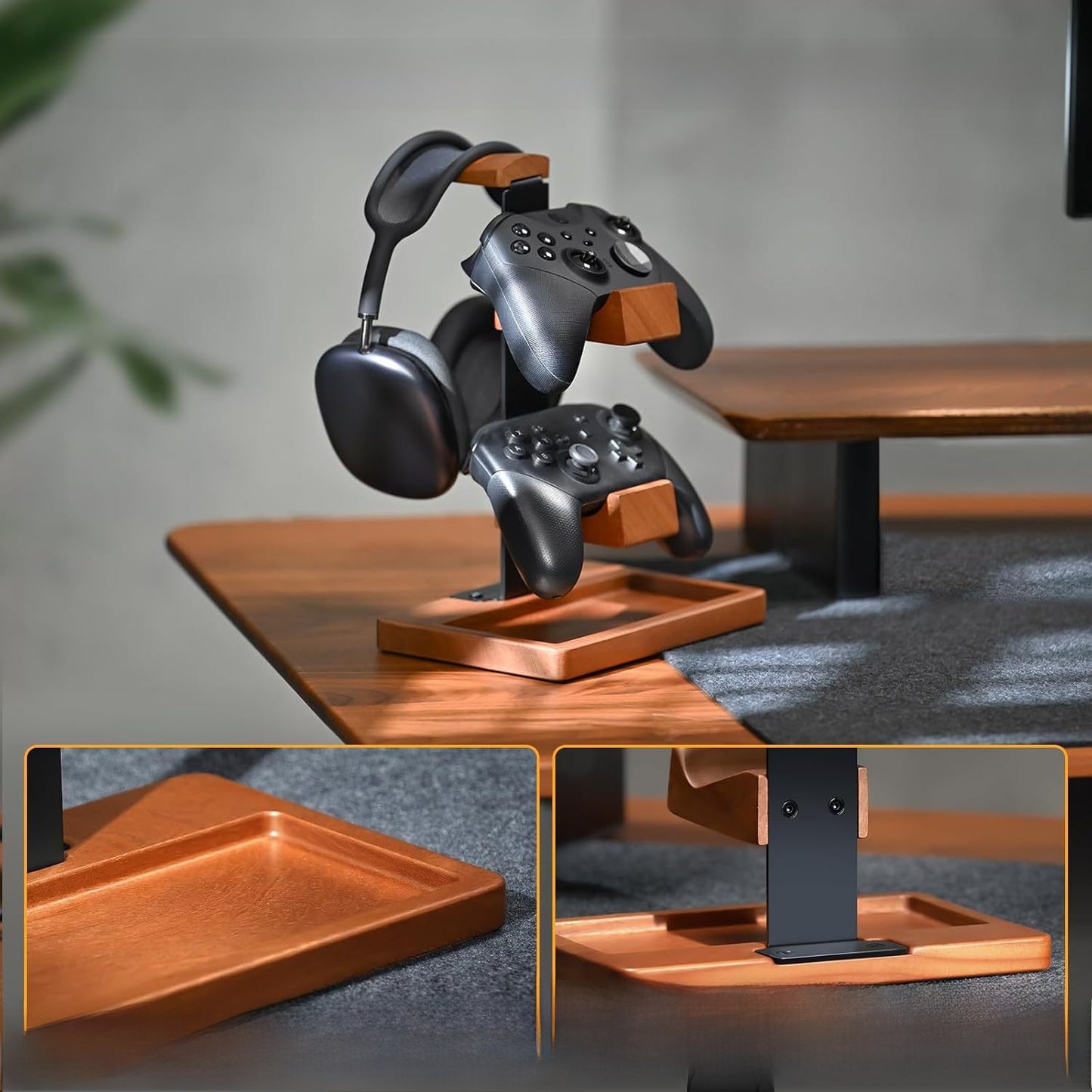 Wooden gaming headphone stand holding a dark headset on a wooden base