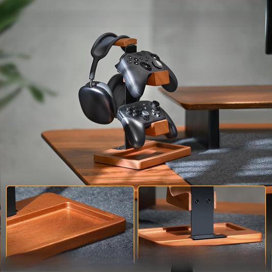 Wooden gaming headphone stand holding a dark headset on a wooden base