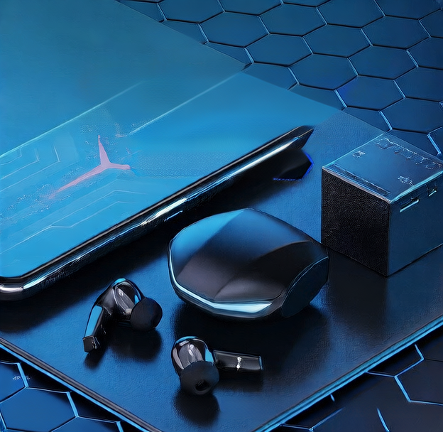 Black gaming noise-cancelling Bluetooth earbuds with charging case and in-ear tips