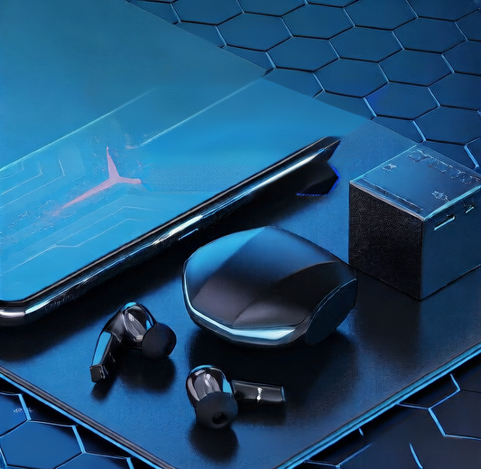Black gaming noise-cancelling Bluetooth earbuds with charging case and in-ear tips