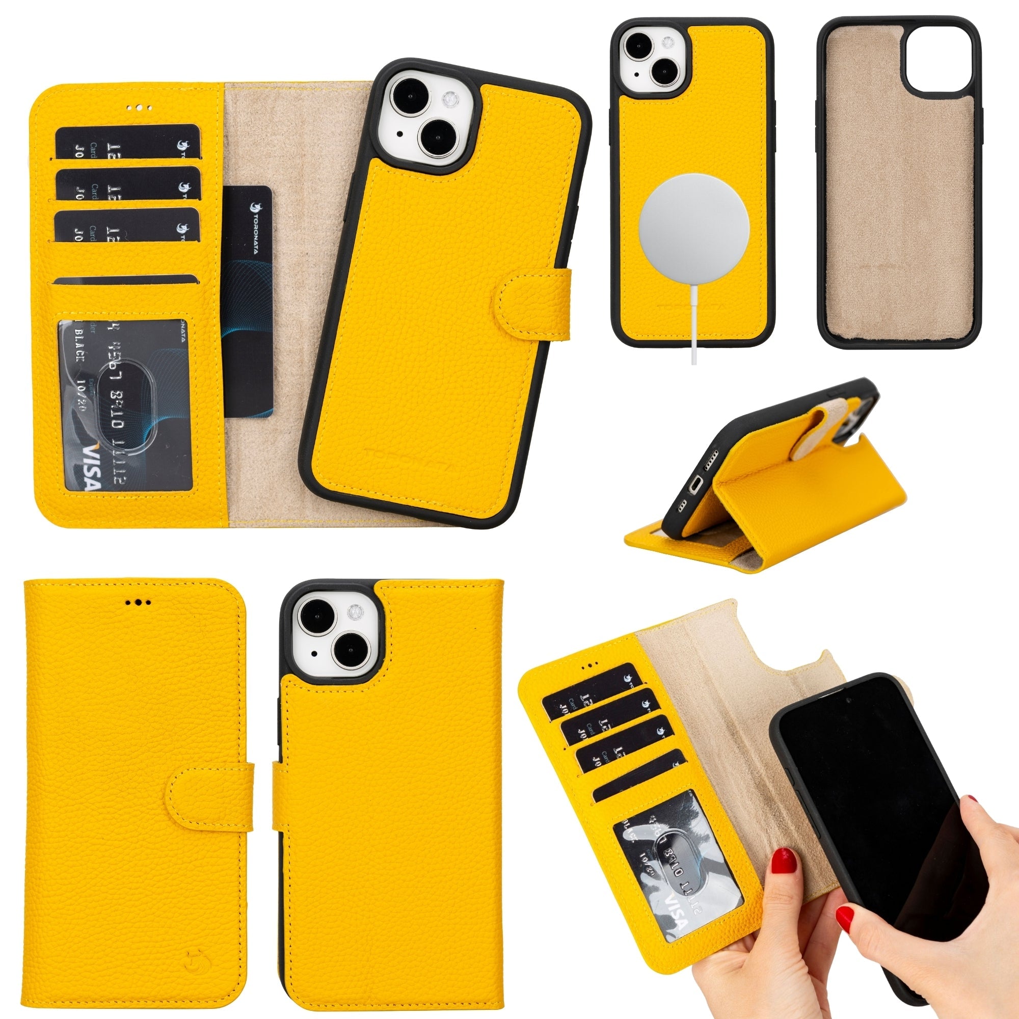 Yellow leather iPhone 14 Plus wallet case with card slots and flip stand