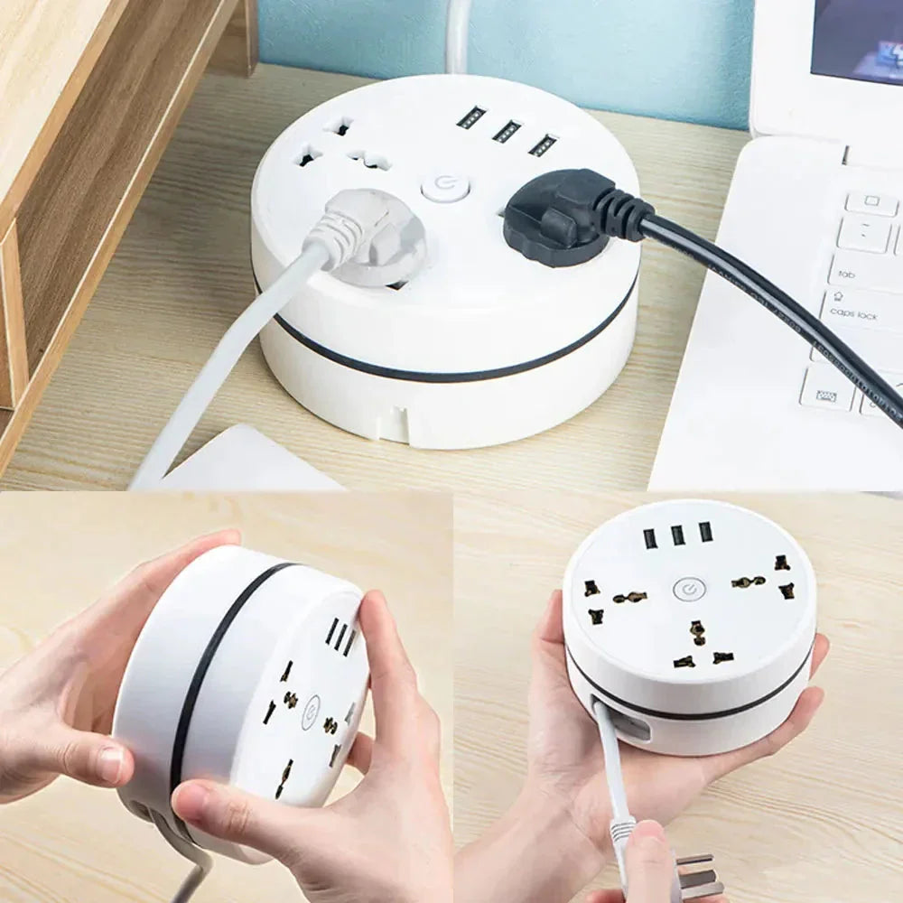 White round EU power strip with USB ports held by hands