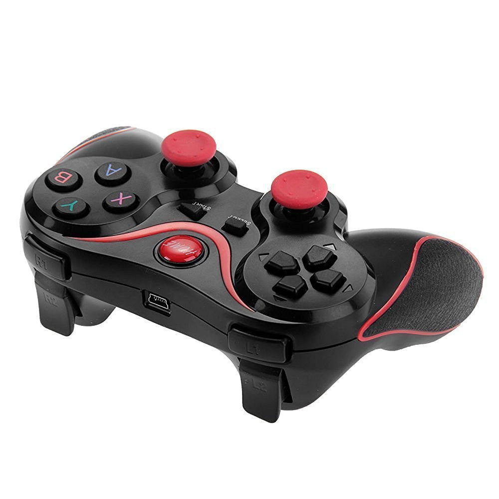Black wireless gaming controller with red analog sticks, directional pad, and textured handles