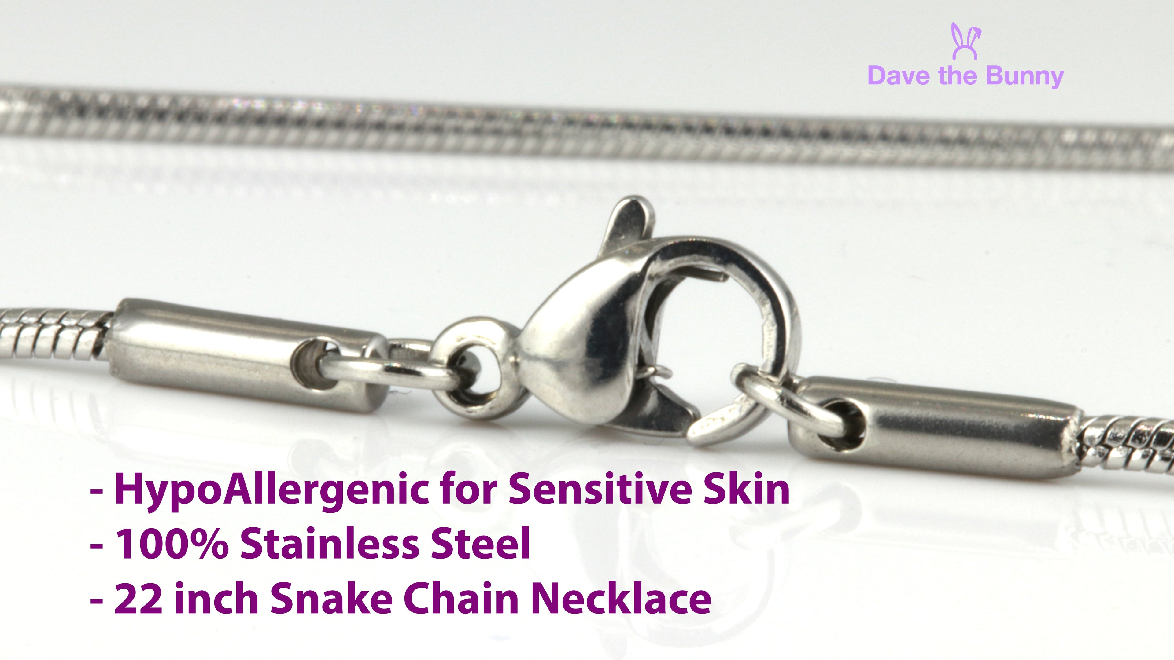 Stainless steel snake chain connector with metal charm clasp, close-up