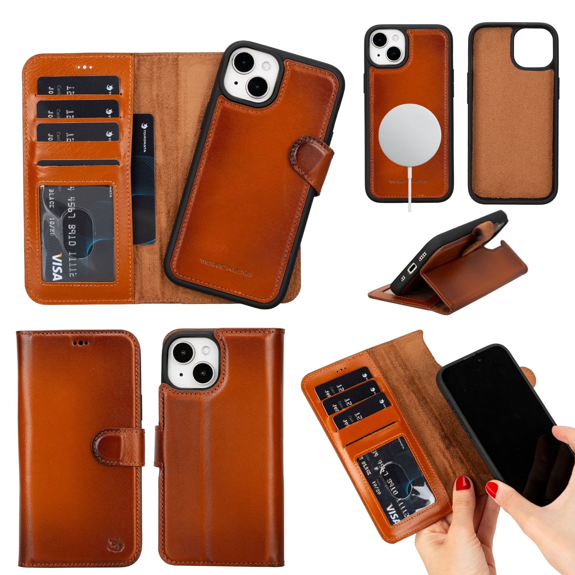 Antic brown leather iPhone 14 Plus wallet case with card slots and flip cover