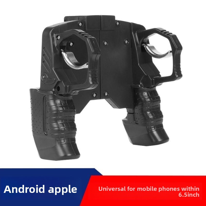 Black mobile gaming controller handle with oversized side grips and phone holder mounts