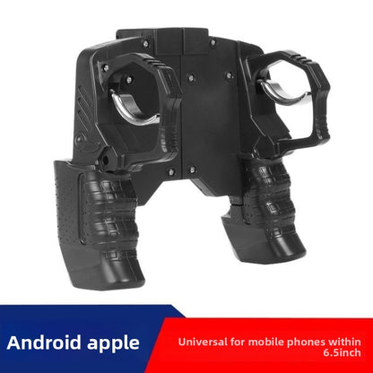 Black mobile gaming controller handle with oversized side grips and phone holder mounts