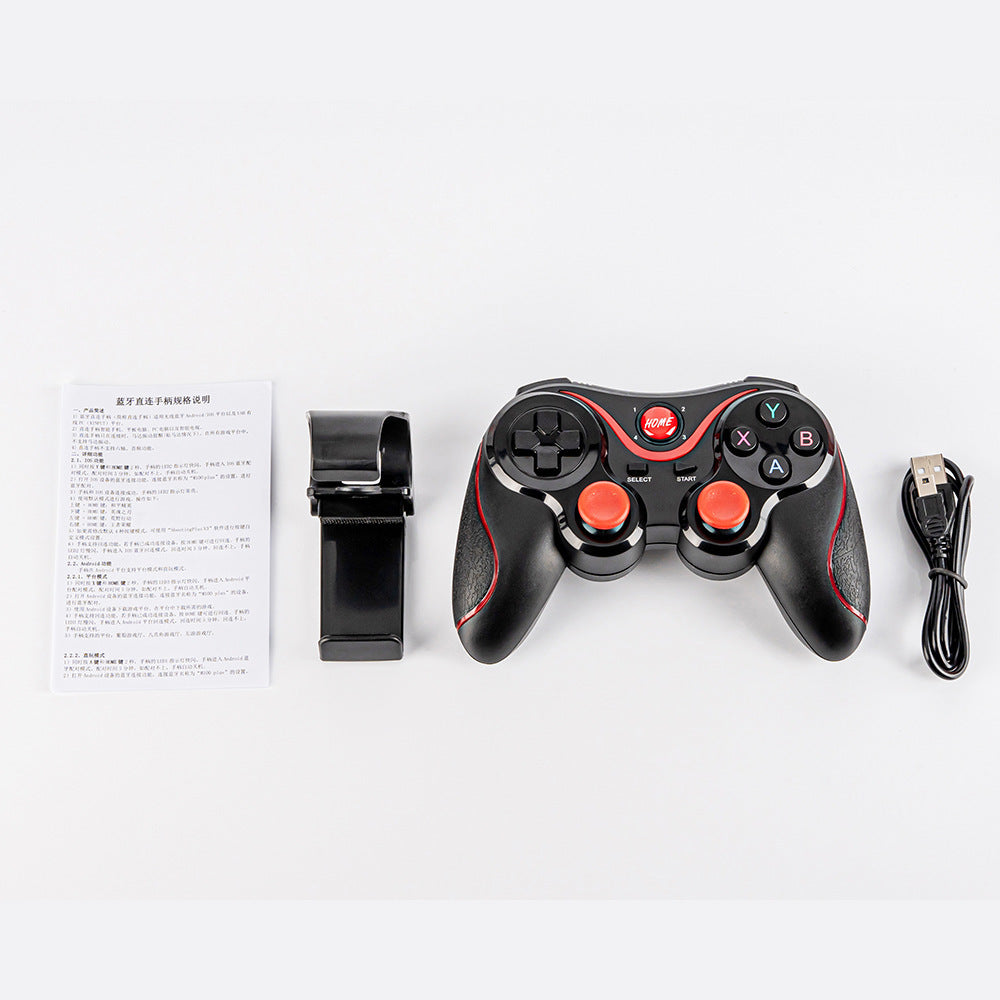 Black wireless controller set with phone clamp, instruction sheet, and USB charging cable