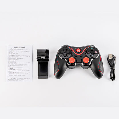 Black wireless controller set with phone clamp, instruction sheet, and USB charging cable