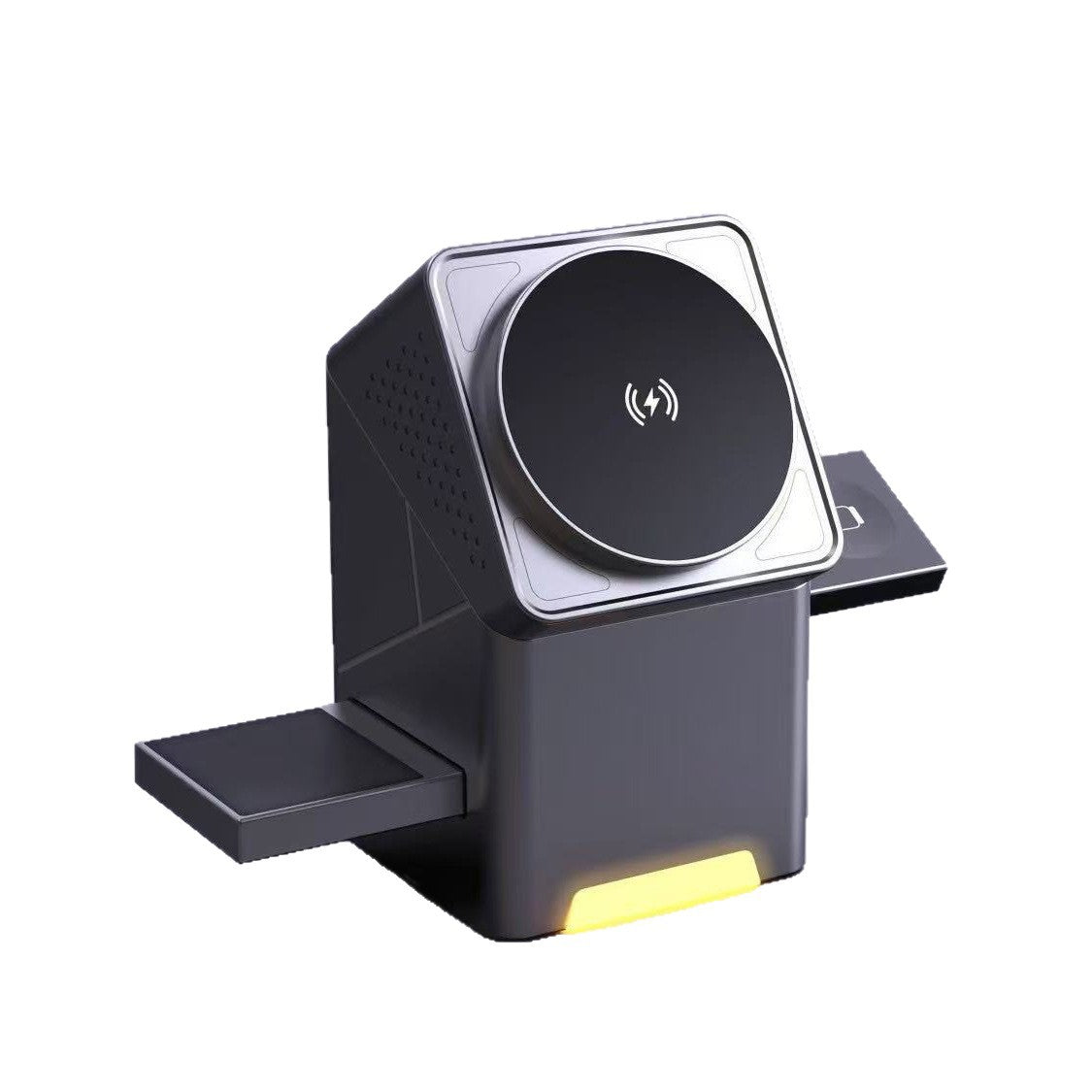 Black magnetic wireless charger with circular top pad and side platform