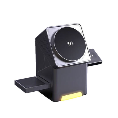 Black magnetic wireless charger with circular top pad and side platform
