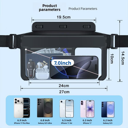 Waterproof phone waist pack with clear front window and adjustable belt, size diagram