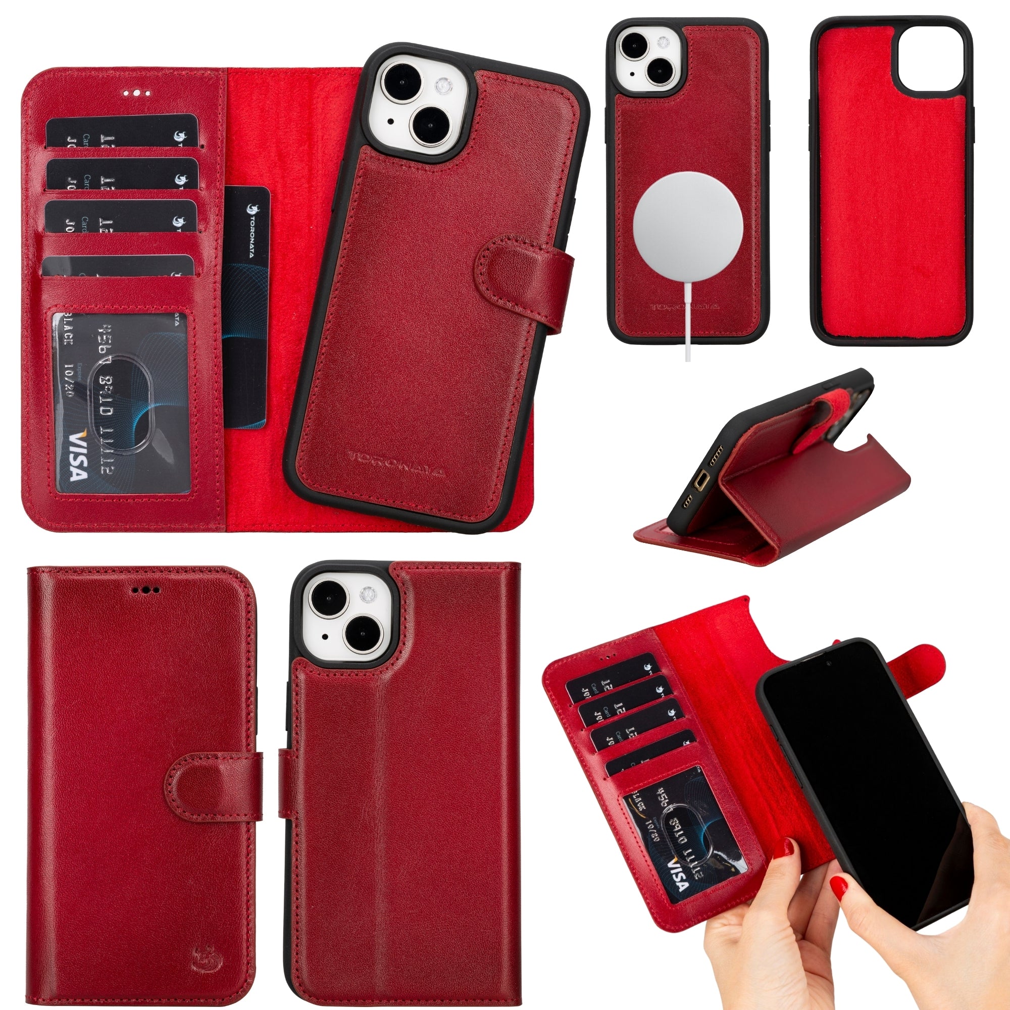 Red leather iPhone 14 Plus wallet case with card slots and MagSafe ring