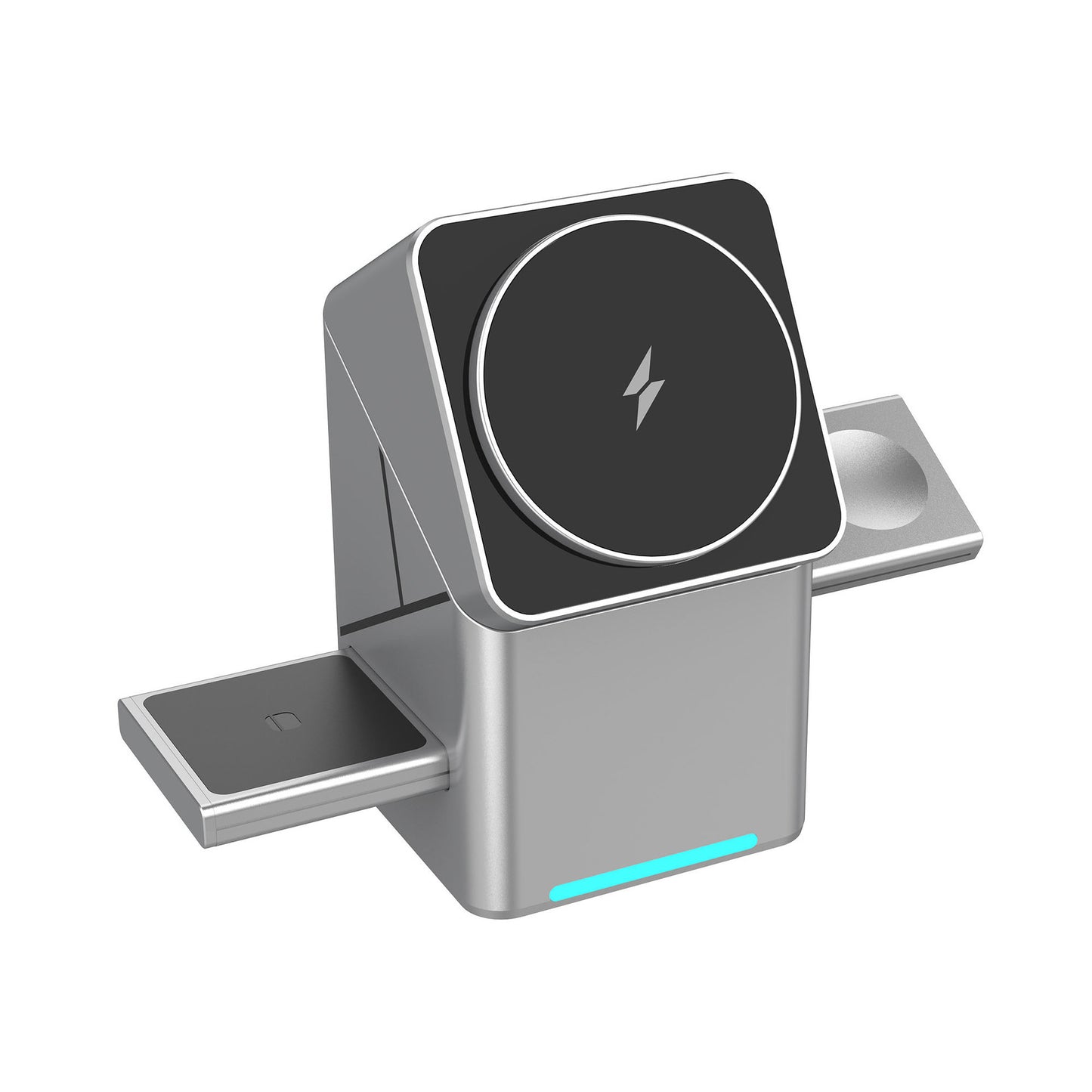 Silver magnetic wireless charger with circular top pad and side platform for device