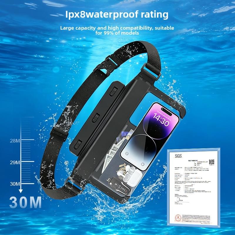 Waterproof phone waist pack with black strap and clear window, shown with splash water