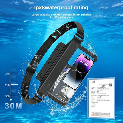 Waterproof phone waist pack with black strap and clear window, shown with splash water