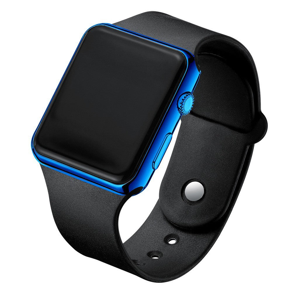 Digital electronic wristwatch with black screen, blue-edged case, black silicone strap.