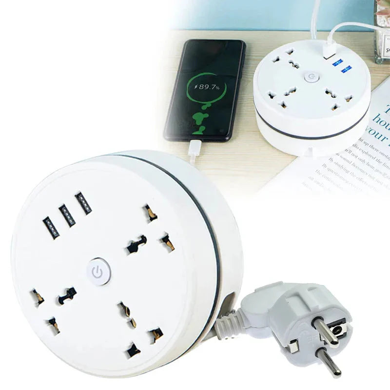 White round EU smart power strip with USB ports and multiple plug outlets