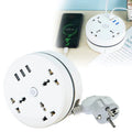 White round EU smart power strip with USB ports and multiple plug outlets