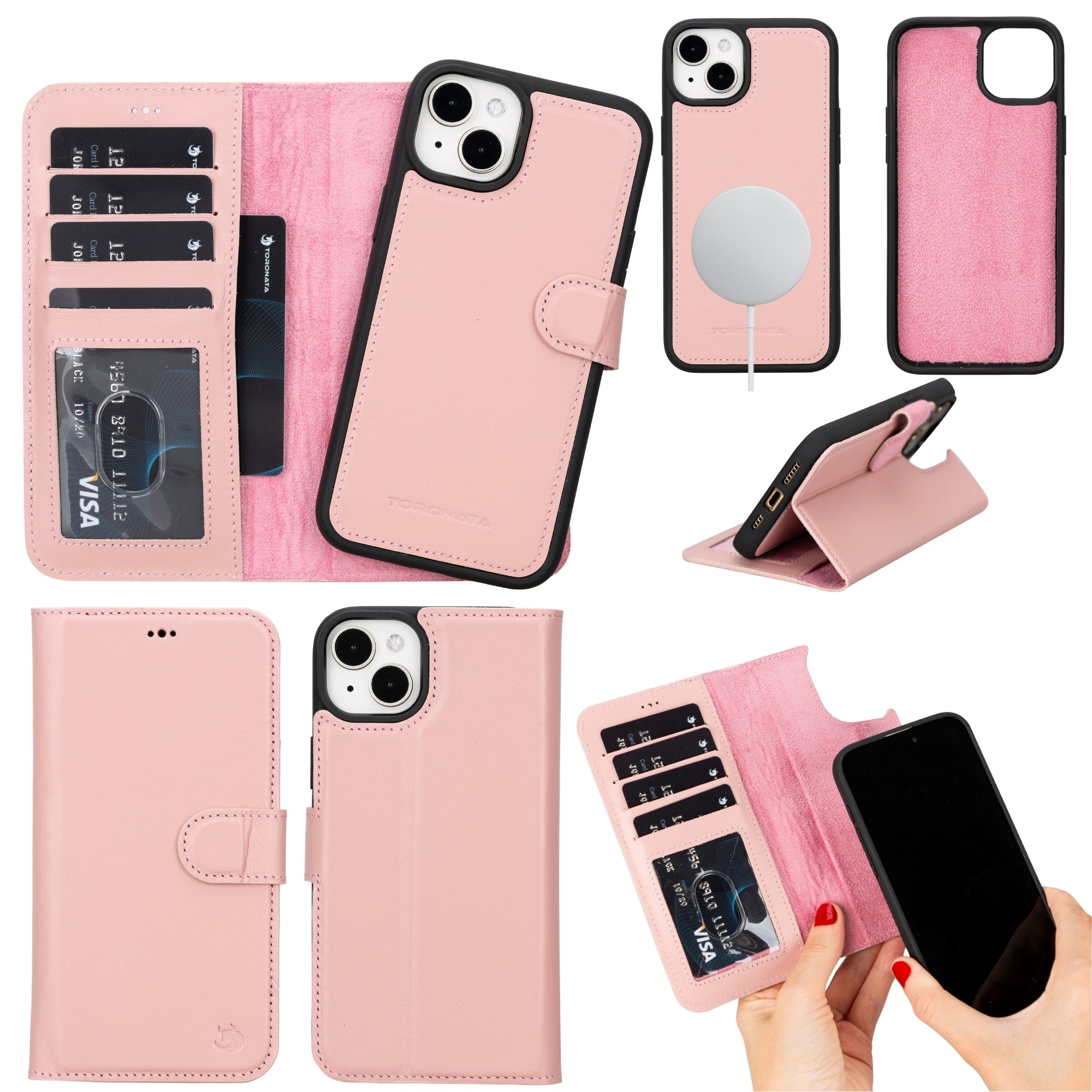 Pink leather iPhone 14 Plus wallet case with card slots and MagSafe