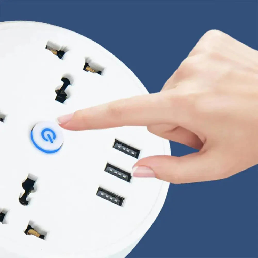 White round EU power strip with power button and USB ports, hand pressing