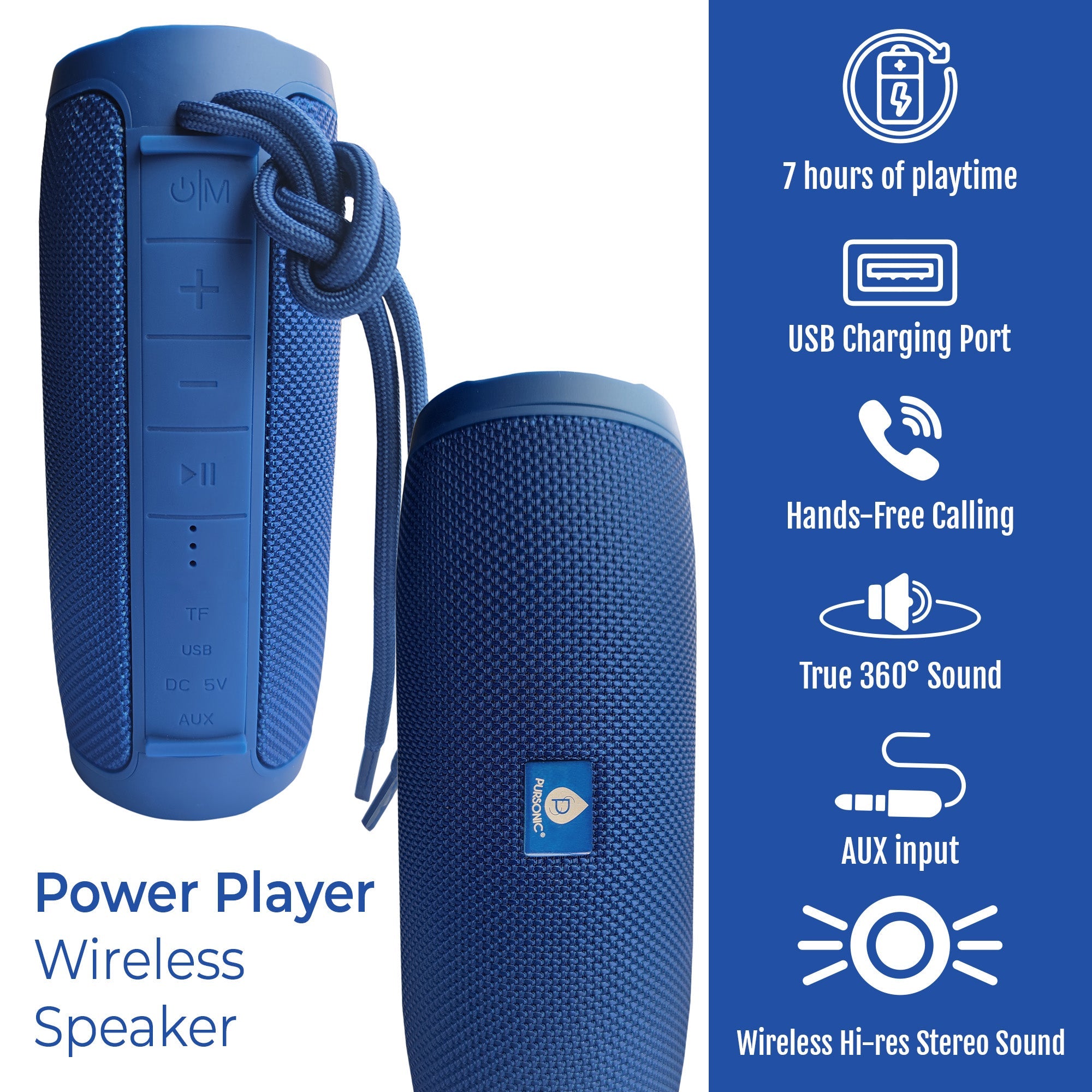 Blue portable wireless speaker with side controls and braided carry cord