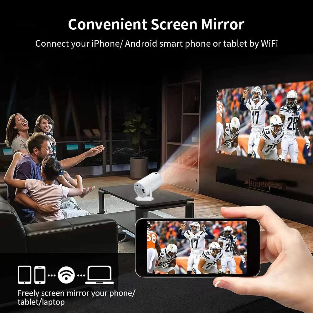White mini projector casting an image onto a wall, shown with a tablet