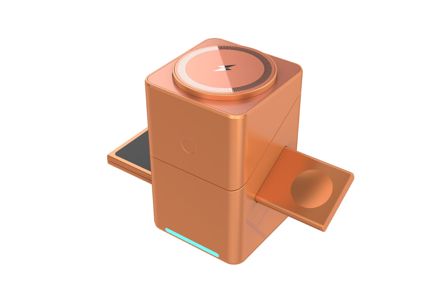 Orange magnetic wireless rotating charger with circular top pad and side docking arm