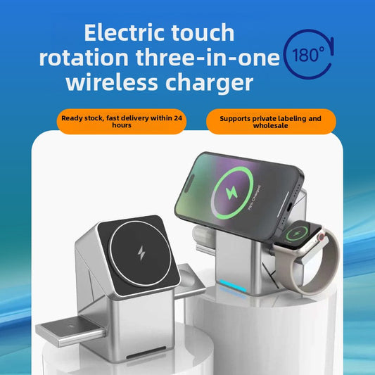 Silver wireless rotating charger base with phone and small device charging stand
