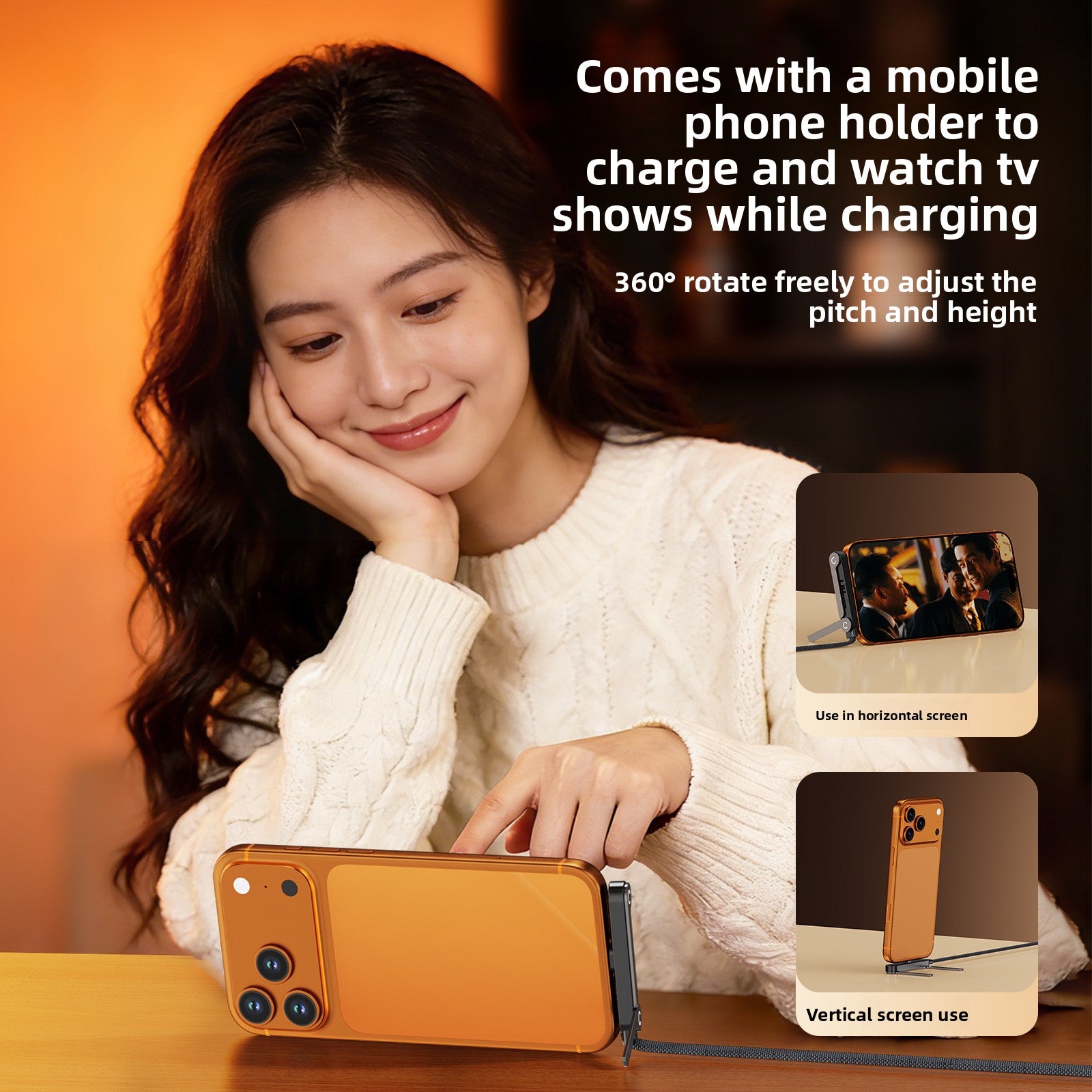Rotating phone charging stand with braided cable, shown with smartphone