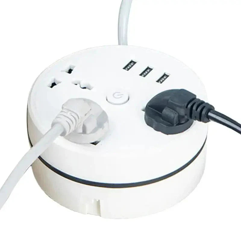 White round EU power strip close-up with EU plug and USB ports