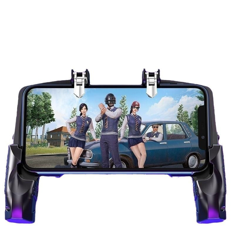 Black wireless controller with front phone holder and dual spring clamps; phone screen visible