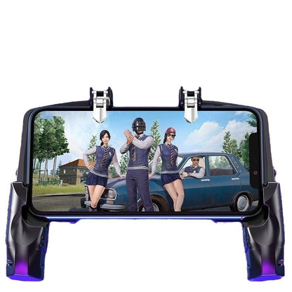 Black wireless controller with front phone holder and dual spring clamps; phone screen visible