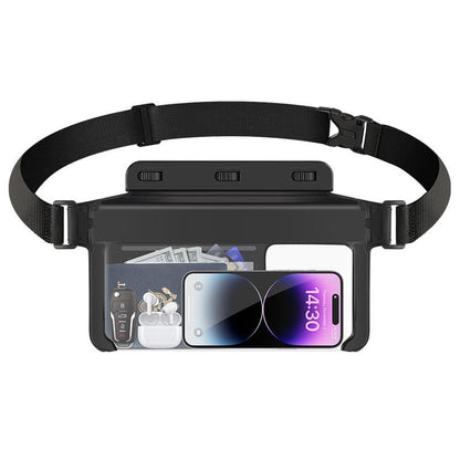 Black waterproof phone waist pack with clear window and adjustable strap