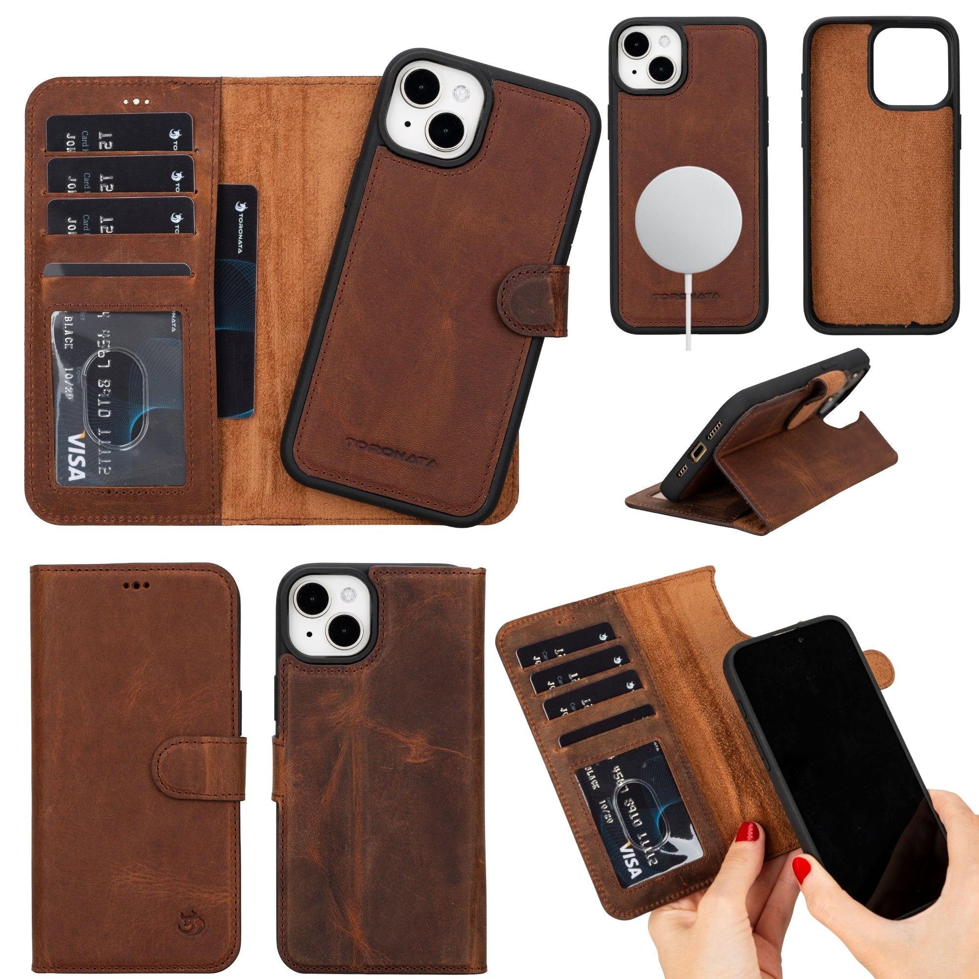 Tan leather iPhone 14 Plus wallet case with card slots and MagSafe ring