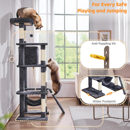 Yaheetech Large Multi-Level Cat Tree, 63 Inches Tall with Sisal-Covered Scratching Posts, Condo, Hammock, Dangling Ball, and Extended Platform for Cats to Play and Sleep