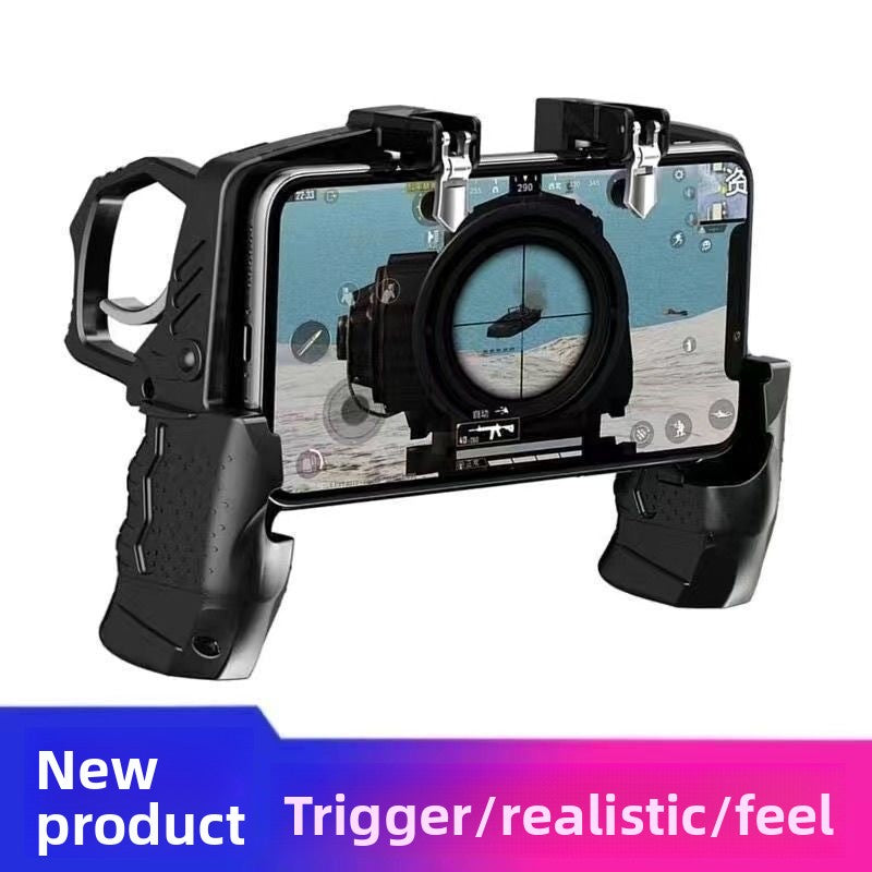 Black gaming controller handle with circular joystick and two mounted phone clamps