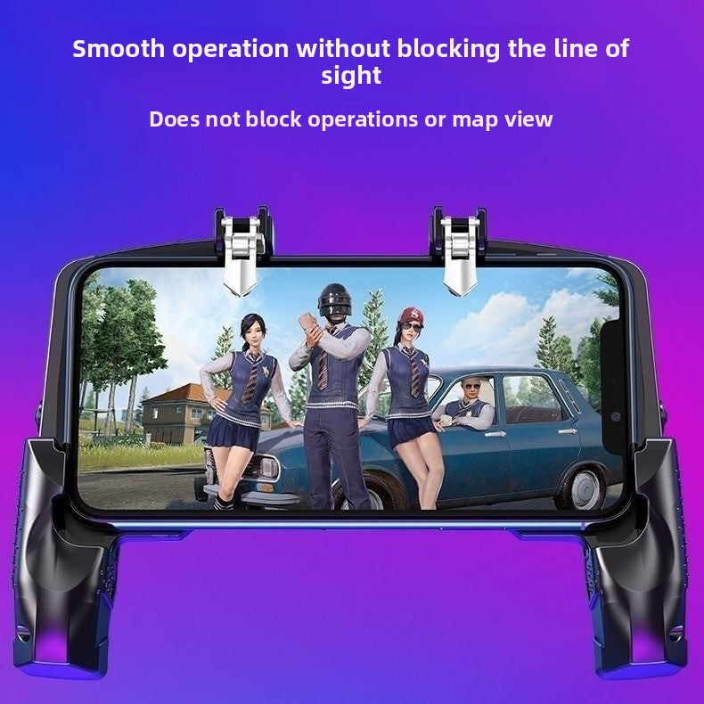 Black wireless controller with phone holder and two side handles; phone screen visible