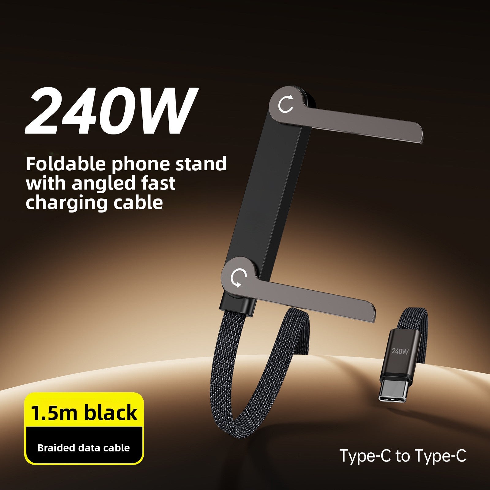 Foldable phone charging stand with angled cable, with Type-C adapter