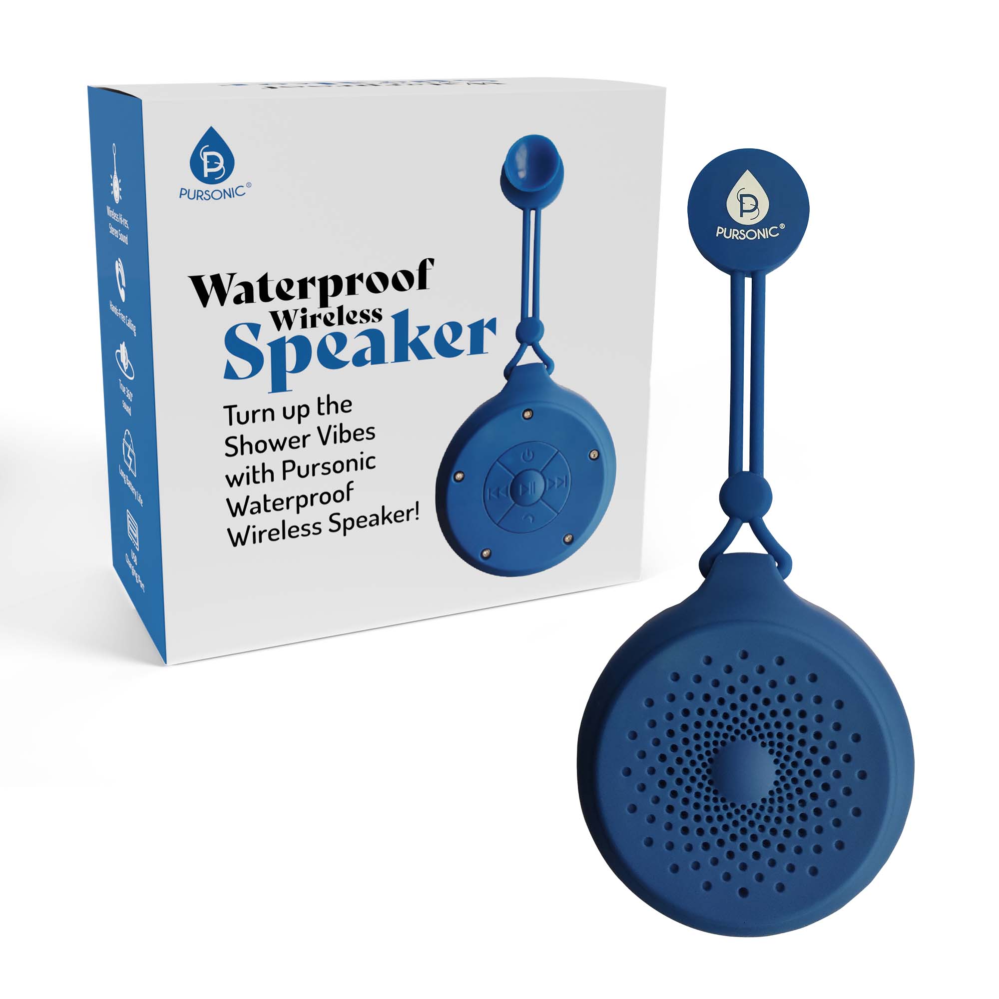 Blue round portable waterproof wireless shower speaker with hanging loop and mount