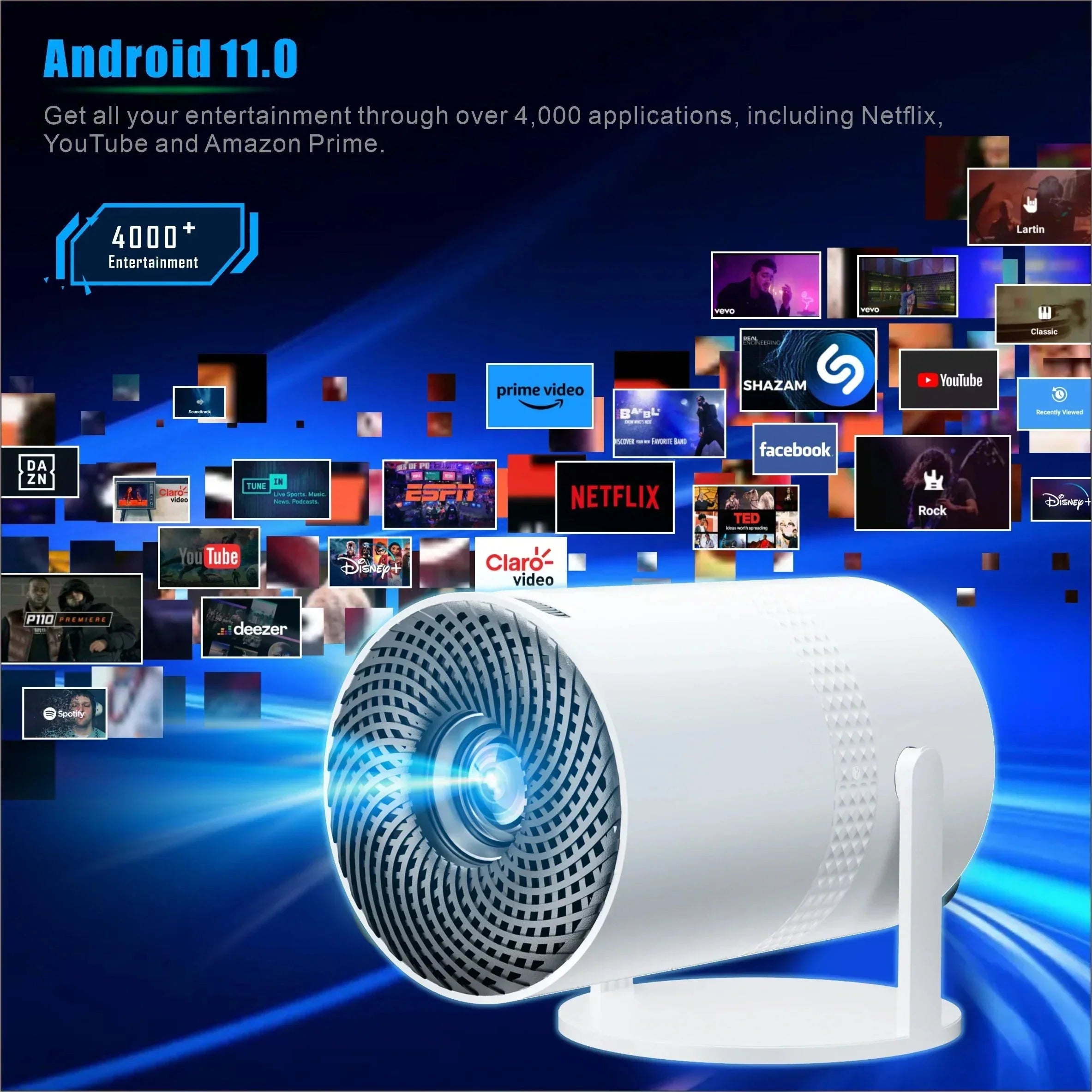 White mini projector with front lens grille and side handle