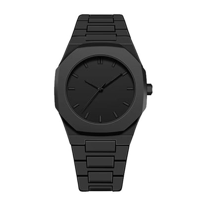 Black quartz wristwatch front view with round black dial and black metal link strap
