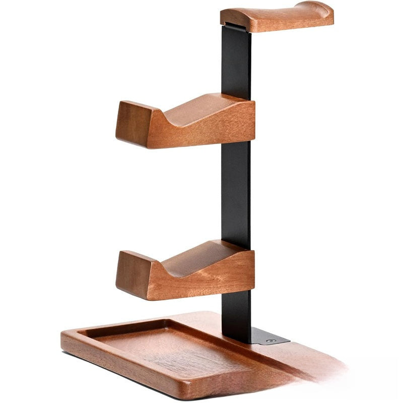 Wooden headphone stand with three tier slots and black support pole