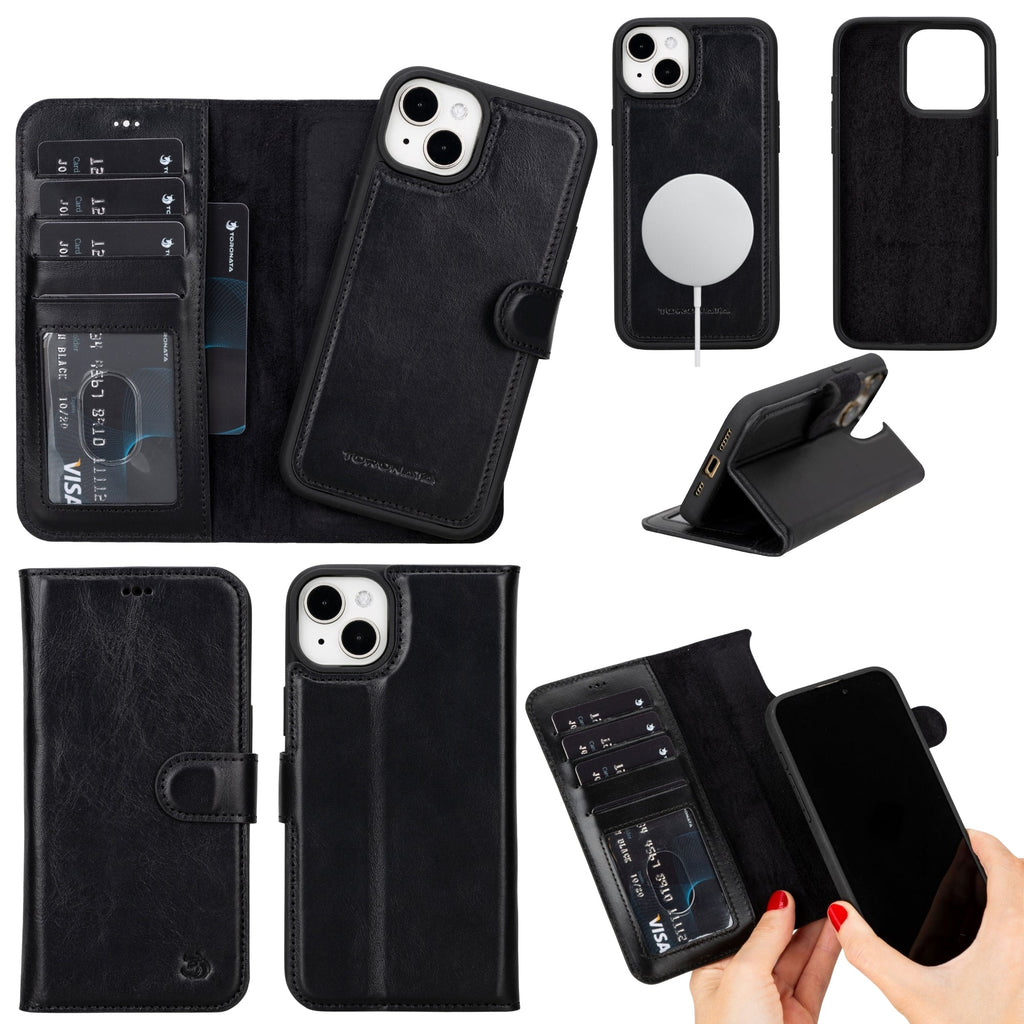 Black leather iPhone 14 Plus wallet case with card slots and MagSafe ring