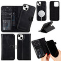 Black leather iPhone 14 Plus wallet case with card slots and MagSafe ring