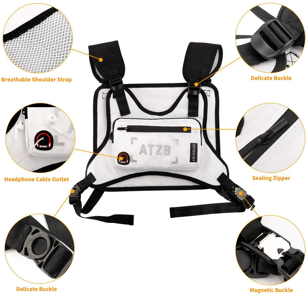 Running backpack vest with front pockets, straps, headphone cable outlet, sealing zipper